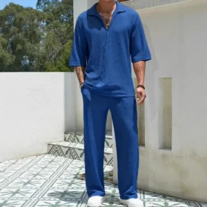 2025 spring and summer new hot selling men's casual silky fabric shirt solid color half sleeve trousers two-piece set