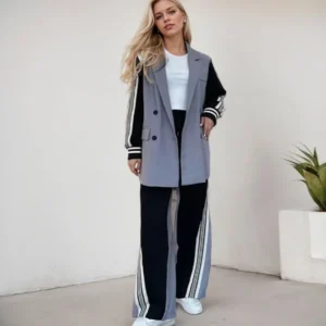 Korean Style Striped Contrast Color Blazer Pant Suits High Street Long Sleeved Patchwork Double Breasted Coat Pant Two-piece Set
