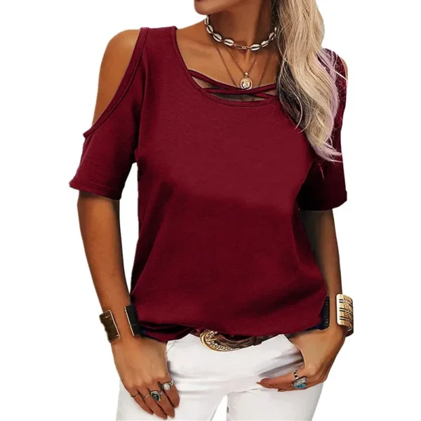 Fashion Commuter Solid Color T-Shirts Elegant Irregular Cross Bandage Hollow Out Off Shoulder Round Neck T-Shirts For Women - Image 5