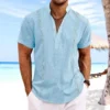 European and American fashion men loose short sleeve Henry collar solid color ancient style cotton linen shirt fashion top