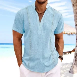 European and American fashion men loose short sleeve Henry collar solid color ancient style cotton linen shirt fashion top