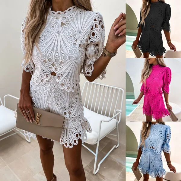 2Pcs Suit Fashion New Lace Printing Patchwork Solid Color Short Sets Stand Collar Half Sleeve Crop Top and Lace Shorts Suits - Image 6