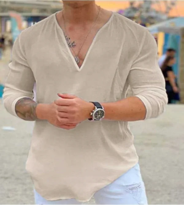 Summer men's T-shirt Solid color three-point sleeve V-neck casual shirt Loose fit Sweatshirt top Streetwear - Image 4