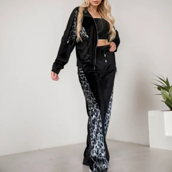 Streetwear Leopard Splicing Two Piece Set Fashion Long Sleeved Lapel Zipper Cardigan Jacket And High Waist Pants Suits For Women - Image 2