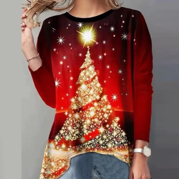 Christmas Elk Print Women T-Shirt Festival Style Solid Long Sleeve Higt Waist Slim Top Causal Slim O-Neck Elegant Fashion Shirt - Image 5