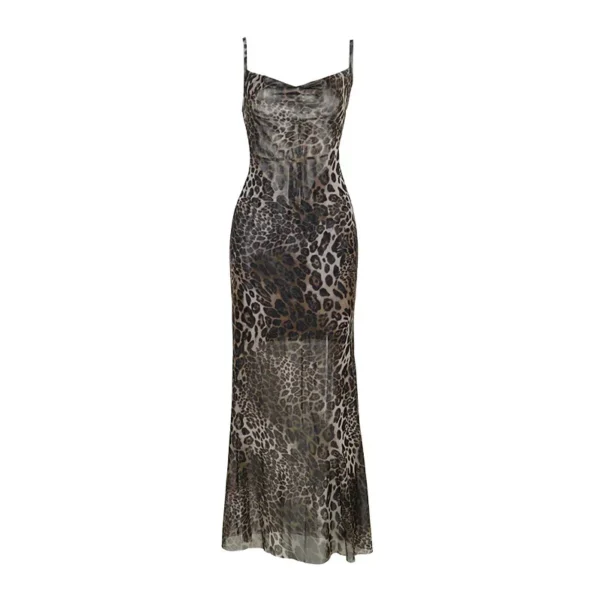 Elegant Strap Design Slim Long Dress Fashion Trend Leopard Print Swing Collar Sleeveless Slim Shoulder Straps Back-length Dress - Image 5
