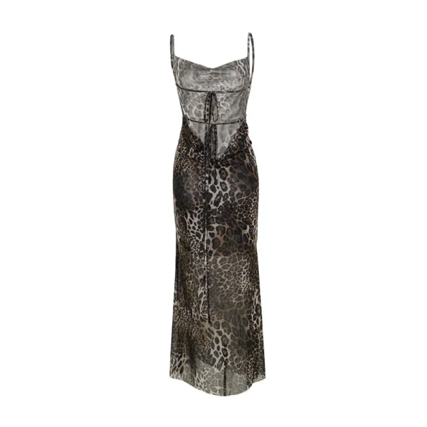 Elegant Strap Design Slim Long Dress Fashion Trend Leopard Print Swing Collar Sleeveless Slim Shoulder Straps Back-length Dress - Image 6