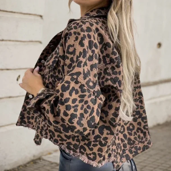 HIP HOP Leopard Denim Jackets For Women Fashion Casual Long Sleeves Turn Down Colllar Button Down Chest Pocket Slim Jackets - Image 2