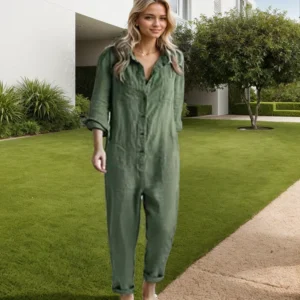 Casual Loose Solid Color Long Sleeve Cotton Jumpsuit Turn Down Collar Single Breasted Shirt Top Pencil Pant Elegant Jumpsuit