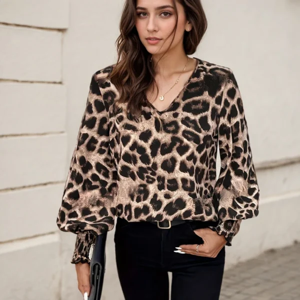 Vintage Leopard Print Tops For Women Fashion Commuting Casual Loose Lantern Sleeve Print V-neck Simple Fitting Slim Blouses - Image 2