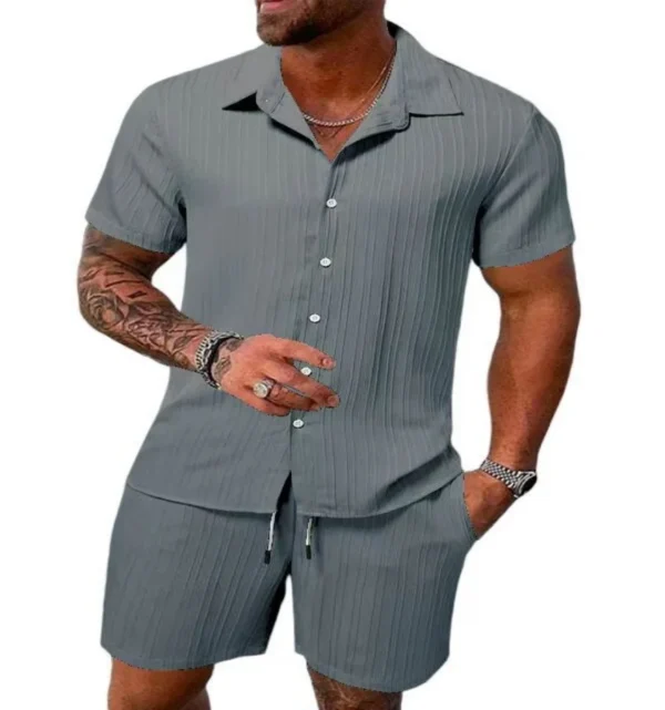 Spring and summer Europe and the United States new men's striped jacquard beach suit loose shorts shirt - Image 2