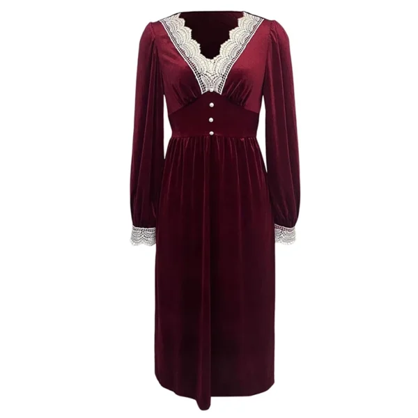 Red Christmas Women's Long Dress Elegant Lace Patchwork Contrasting V-Neck Button Decoration Long Sleeved High Waisted Dresses - Image 5