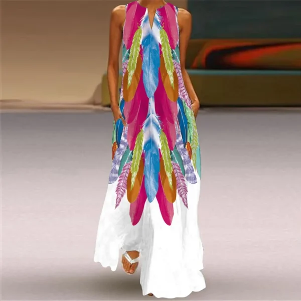 Retro Print V-neck Sleeveless Women Dress Causal Summer Fashion Long Dress Temperament Elegant Loose Straight Female Sundress - Image 3