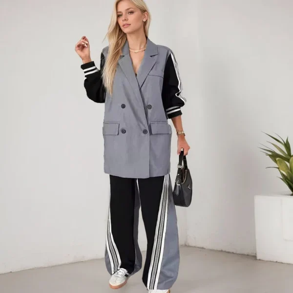 Korean Style Striped Contrast Color Blazer Pant Suits High Street Long Sleeved Patchwork Double Breasted Coat Pant Two-piece Set - Image 2