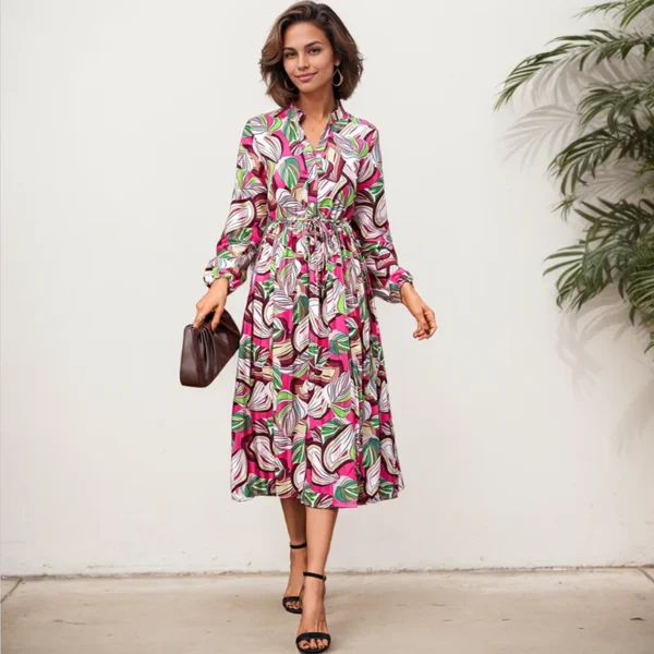 Beach Vacation Dress Women's Autumn New Casual Loose Leaf Printed Lace Up Waist Mid Length Long Sleeve Shirt Collar Dresses - Image 3