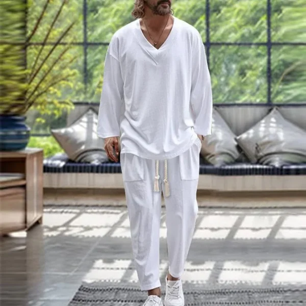 2024 Cross-border Spring and Autumn European and American men's V-neck shirt casual loose long-sleeved trousers beach suit - Image 2