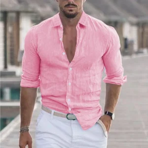 Urban new men's summer Cotton lapel casual shirt Beach shirt Long sleeve solid color Hawaiian holiday wear