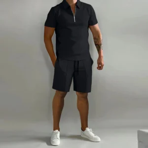 Men's suit solid color polo shirt lapel vertical strip pants short sleeve shorts sports casual loose fashion men's wear