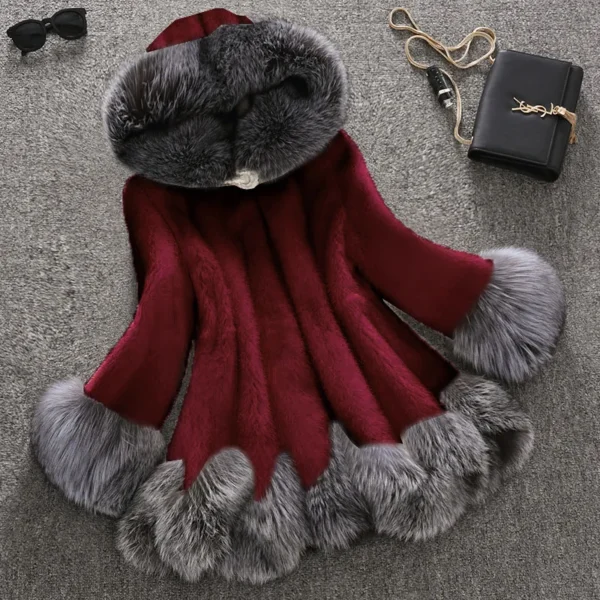 Autumn Winter Fur Women's Jacket Coat High Street Solid Color Imitation Fur Splicing Long Sleeve Belt One Button Hooded Jacket