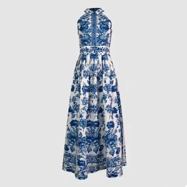High Street Retro Blue Printed Women's Dress Fashion Floral Printed Turn-down Collar Sleeveless High Waist Slim Fit A-line Dress - Image 3