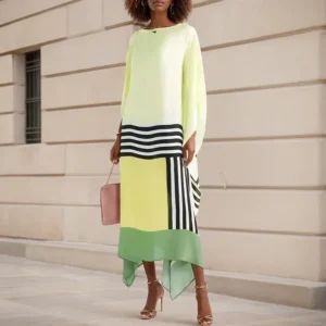 Loose Crew Neck Simple Printed Ladies Dress Retro Women Slash Neck Striped Long Dress Long Batwing Sleeve Patchwork Dresses