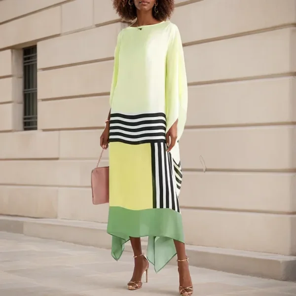 Loose Crew Neck Simple Printed Ladies Dress Retro Women Slash Neck Striped Long Dress Long Batwing Sleeve Patchwork Dresses
