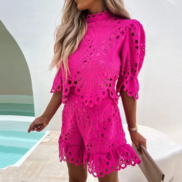2Pcs Suit Fashion New Lace Printing Patchwork Solid Color Short Sets Stand Collar Half Sleeve Crop Top and Lace Shorts Suits - Image 2