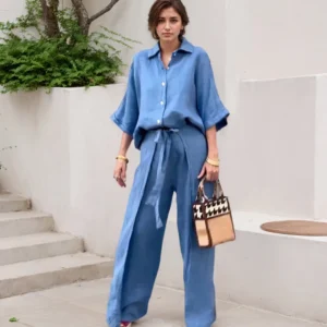 Loose Fit Solid Color Shirt Pants Two Piece Set Fashion New Casual Three-quarter Sleeves Irregular Pants Cotton and Hemp Suits