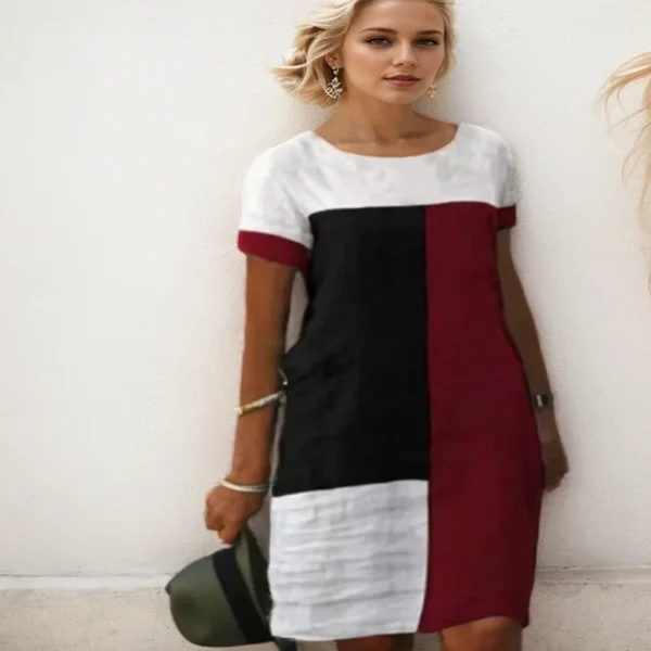Casual Plaid Print Contrast Summer Beach Dress For Women O Neck Short Sleeve Straight Office Dresses Fashion Loose Female Dress - Image 3