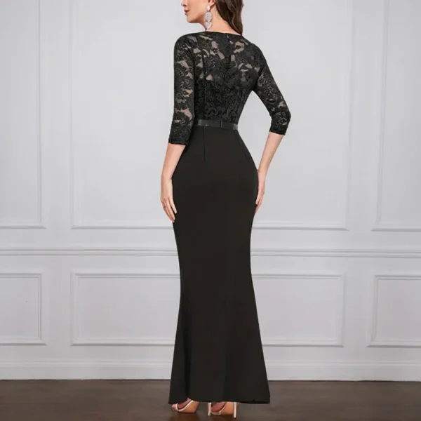 Classic Women's Gowns Vintage V-neck Floral Lace Cut-out Half Sleeve Zipper Waist-closing Asymmetrical High Side Slit Long Dress - Image 4
