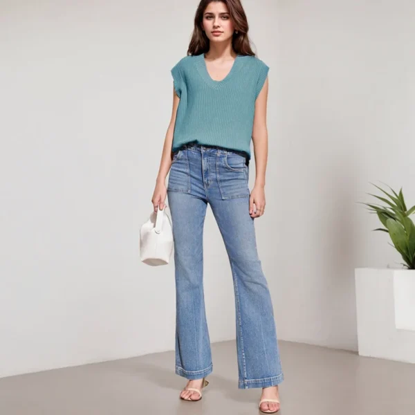Office Ladies Commuting Vests Casual Striped Texture Crop Sleeveless V-neck Sweater Loose Versatile Solid Color Pullover Top - Image 2