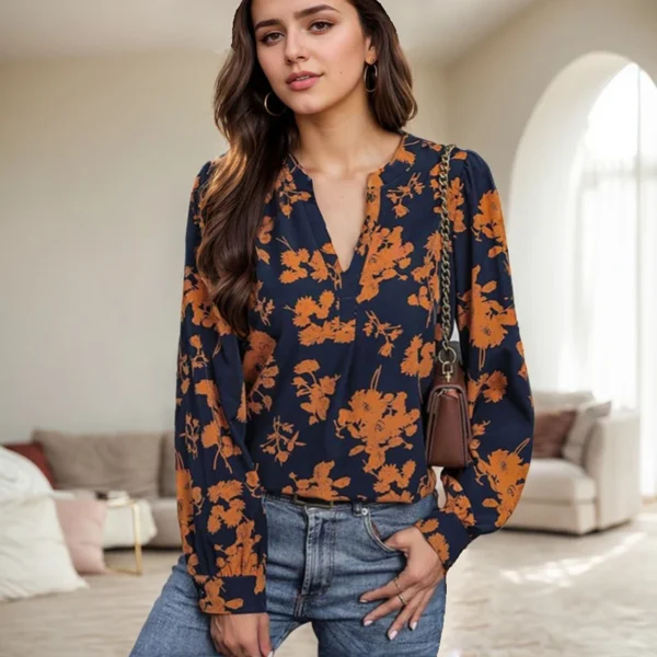 Fashion Streetwear Long Sleeved For Women American Retro Floral Printed V-neck Long Sleeved Blouses Elegant Pullovers Shirts - Image 2