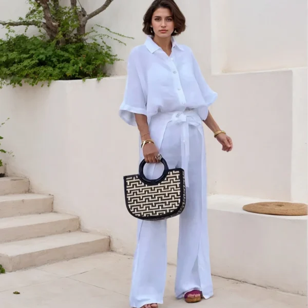 Loose Fit Solid Color Shirt Pants Two Piece Set Fashion New Casual Three-quarter Sleeves Irregular Pants Cotton and Hemp Suits - Image 4