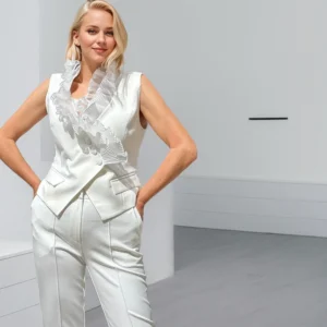 Solid Two Piece Set For Women Sexy V Neck Sleeveless Spliced Ruffles Short Top High Waist Straight Pant Sets Fashion Street Suit