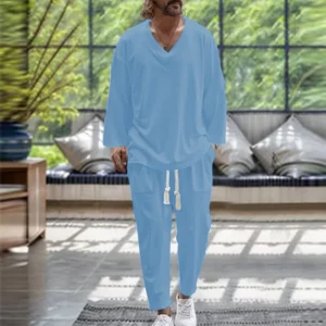 2024 Cross-border Spring and Autumn European and American men's V-neck shirt casual loose long-sleeved trousers beach suit