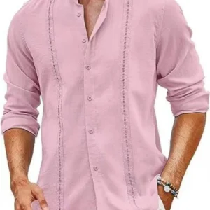 Autumn new cotton and linen blend men's casual slim stand collar single breasted business long sleeve shirt
