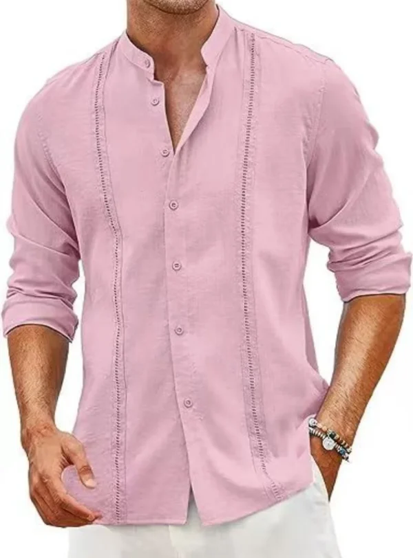 Autumn new cotton and linen blend men's casual slim stand collar single breasted business long sleeve shirt