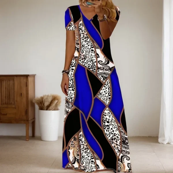 Streetwear Trendy Irregular Print Dress High Street V Neck Patchwork Leopard Print Short-sleeved Pullover Slim Fit Long Dresses - Image 4