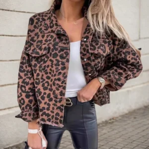 HIP HOP Leopard Denim Jackets For Women Fashion Casual Long Sleeves Turn Down Colllar Button Down Chest Pocket Slim Jackets