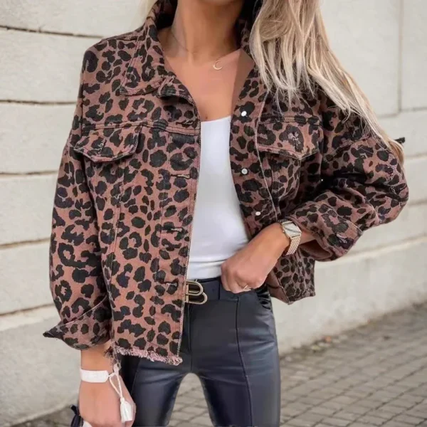 HIP HOP Leopard Denim Jackets For Women Fashion Casual Long Sleeves Turn Down Colllar Button Down Chest Pocket Slim Jackets