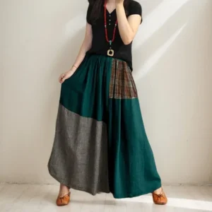 Literary Style Irregular A-line Skirt Vintage Solid Color Blocks Contrast Color Checkered Cotton High Waist Big Swing Skirt