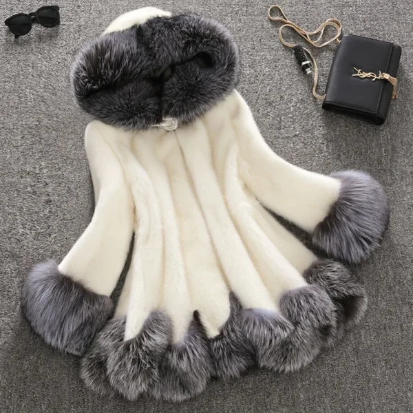 Autumn Winter Fur Women's Jacket Coat High Street Solid Color Imitation Fur Splicing Long Sleeve Belt One Button Hooded Jacket - Image 6