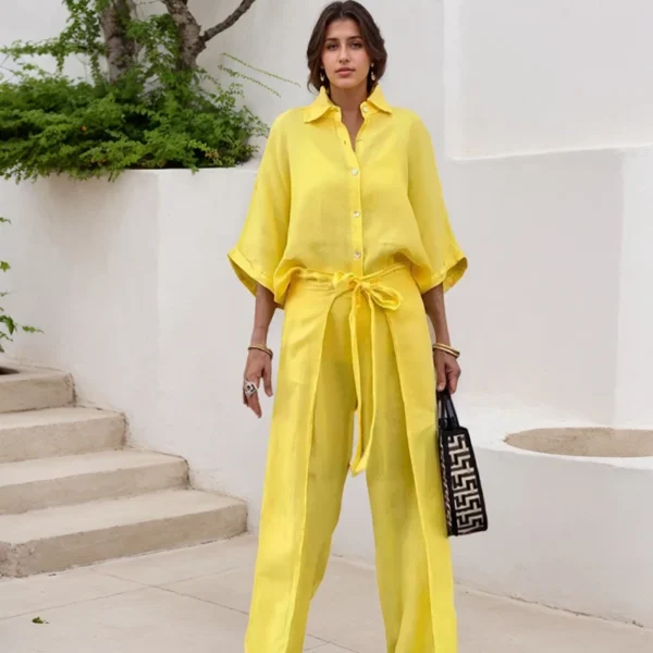 Loose Fit Solid Color Shirt Pants Two Piece Set Fashion New Casual Three-quarter Sleeves Irregular Pants Cotton and Hemp Suits - Image 3