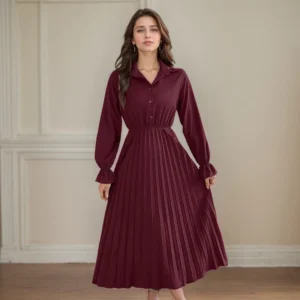 Spring Summer Long Dresses For Women Casual Solid Color Polo Collar Single-breasted Long Sleeved Waist Pleated A-LINE Dress