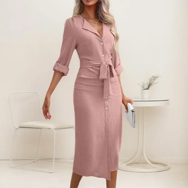 High Street Slit Hem Dress For Women Trend Solid Color Turn-down Collar V-neck Single-breasted Waist-closing Lace-up Dresses - Image 3