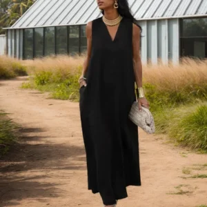Spring Cotton Linen Long Dresses For WomenElegant Trendy Casual Solid Color V-neck Sleeveless Loose Pullover A-line Dresses