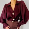 Streetwear Chic Lantern Sleeve Women's Shirt Fashion Chic Solid Color Turn-Down Collar V-neck Single-breasted Satin T-Shirts