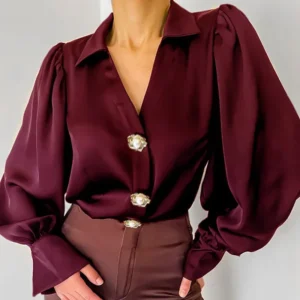 Streetwear Chic Lantern Sleeve Women's Shirt Fashion Chic Solid Color Turn-Down Collar V-neck Single-breasted Satin T-Shirts