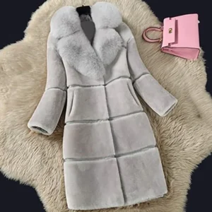 New Faux Fur Women's Overcoats Jackets Korean Version Simple Solid Color Fur Collar Splicing V Neck Long Sleeves Jacket Coat