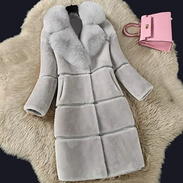 New Faux Fur Women's Overcoats Jackets Korean Version Simple Solid Color Fur Collar Splicing V Neck Long Sleeves Jacket Coat